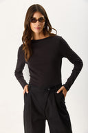 Kadın July Kayık Yaka Tişört %100 Pamuk - Siyah