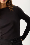 Kadın July Kayık Yaka Tişört %100 Pamuk - Siyah