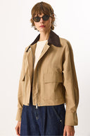 Kadın Kadife Yakalı Regular Fit Gabardin Ceket - Bej