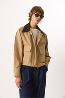 Kadın Kadife Yakalı Regular Fit Gabardin Ceket - Bej