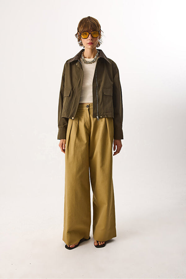 Kadın Kadife Yakalı Regular Fit Gabardin Ceket - HAKİ