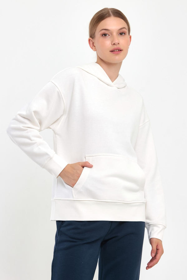 Kadın Kapüşonlu Basic Hoodie Sweatshirt - FİLDİŞİ