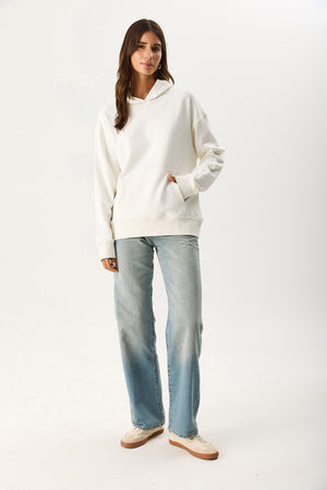 Kadın Kapüşonlu Basic Hoodie Sweatshirt %100 Pamuk - Fildişi