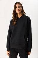 Kadın Kapüşonlu Basic Hoodie Sweatshirt %100 Pamuk - Siyah