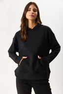 Kadın Kapüşonlu Basic Hoodie Sweatshirt %100 Pamuk - Siyah