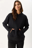 Kadın Kapüşonlu Basic Hoodie Sweatshirt %100 Pamuk - Siyah