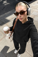 Kadın Kapüşonlu Basic Hoodie Sweatshirt %100 Pamuk-Siyah