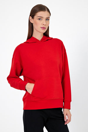 Kadın Kapüşonlu Basic Hoodie Sweatshirt - Kırmızı