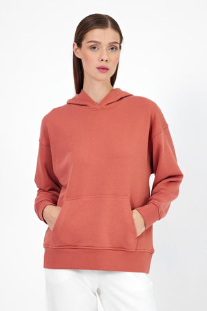 Kadın Kapüşonlu Basic Hoodie Sweatshirt - Gülkurusu