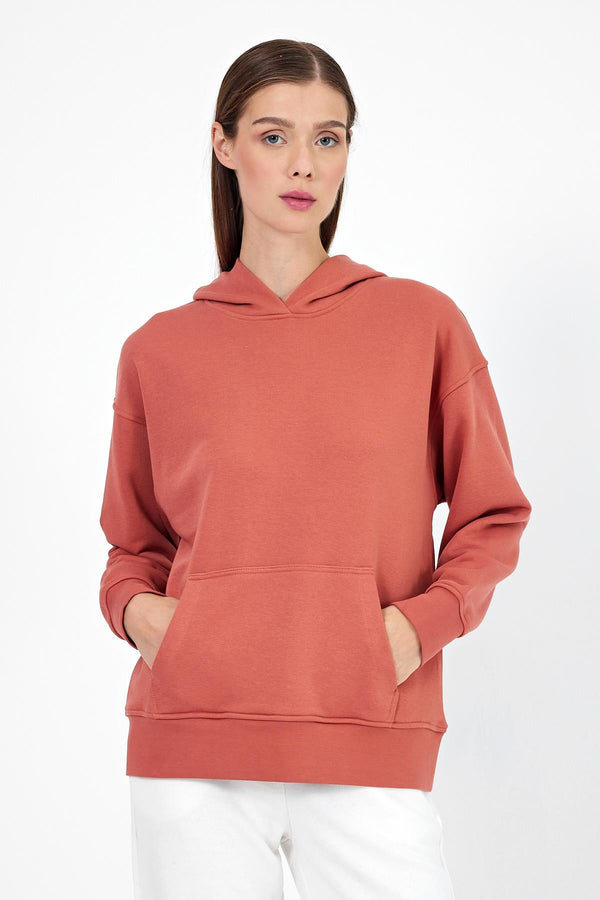 Kadın Kapüşonlu Gül Kurusu Basic Hoodie Sweatshirt