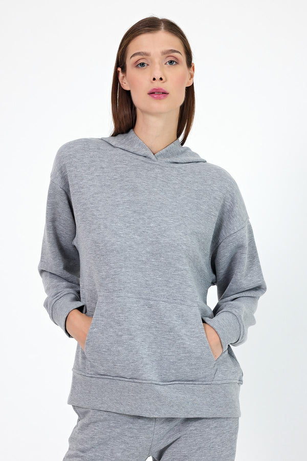 Kadın Kapüşonlu Gri Melanj Basic Hoodie Sweatshirt