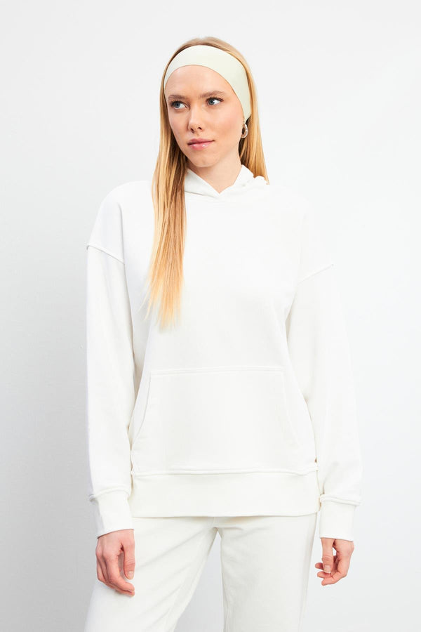 Kadın Kapüşonlu Fildişi Basic Hoodie Sweatshirt