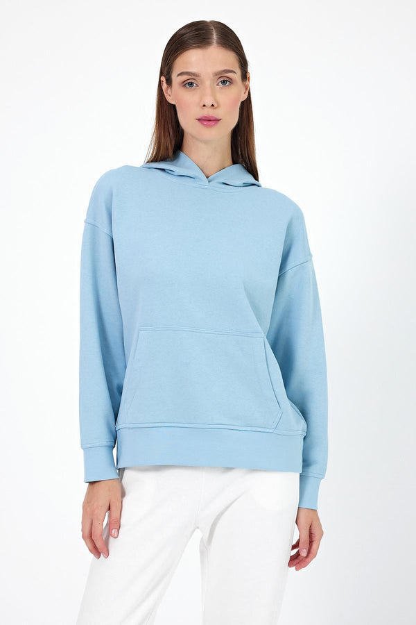 Kadın Kapüşonlu Basic Hoodie Sweatshirt - GÖK MAVİSİ