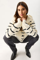 Kadın Kapüşonlu Önü Çıt Çıtlı Triko Ceket - Fildişi - Siyah Çizgili