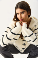 Kadın Kapüşonlu Önü Çıt Çıtlı Triko Ceket - Fildişi - Siyah Çizgili