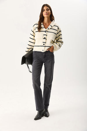 Kadın Kapüşonlu Önü Çıt Çıtlı Triko Ceket - Fildişi - Siyah Çizgili