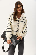 Kadın Kapüşonlu Önü Çıt Çıtlı Triko Ceket - Fildişi - Siyah Çizgili