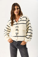 Kadın Kapüşonlu Önü Çıt Çıtlı Triko Ceket - Fildişi - Siyah Çizgili
