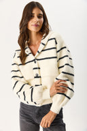 Kadın Kapüşonlu Önü Çıt Çıtlı Triko Ceket - Fildişi - Siyah Çizgili