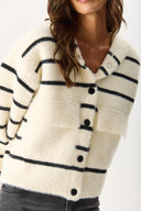 Kadın Kapüşonlu Önü Çıt Çıtlı Triko Ceket - Fildişi - Siyah Çizgili