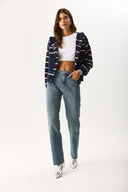 Kadın Kapüşonlu Önü Çıt Çıtlı Triko Ceket - Lacivert - Fildişi Çizgili