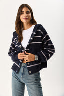 Kadın Kapüşonlu Önü Çıt Çıtlı Triko Ceket - Lacivert - Fildişi Çizgili