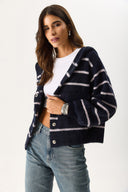 Kadın Kapüşonlu Önü Çıt Çıtlı Triko Ceket - Lacivert - Fildişi Çizgili