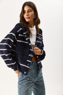 Kadın Kapüşonlu Önü Çıt Çıtlı Triko Ceket - Lacivert - Fildişi Çizgili
