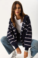 Kadın Kapüşonlu Önü Çıt Çıtlı Triko Ceket - Lacivert - Fildişi Çizgili