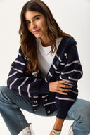 Kadın Kapüşonlu Önü Çıt Çıtlı Triko Ceket - Lacivert - Fildişi Çizgili