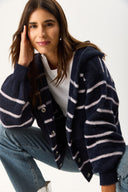 Kadın Kapüşonlu Önü Çıt Çıtlı Triko Ceket - Lacivert - Fildişi Çizgili