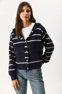 Kadın Kapüşonlu Önü Çıt Çıtlı Triko Ceket - Lacivert - Fildişi Çizgili