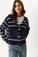 Kadın Kapüşonlu Önü Çıt Çıtlı Triko Ceket - Lacivert - Fildişi Çizgili