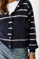 Kadın Kapüşonlu Önü Çıt Çıtlı Triko Ceket - Lacivert - Fildişi Çizgili