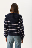 Kadın Kapüşonlu Önü Çıt Çıtlı Triko Ceket - Lacivert - Fildişi Çizgili