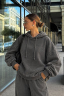 Kadın Kapüşonlu Regular Fit Yıkamalı Sweatshirt %100 Pamuk-Antrasit