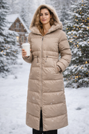 Kadın Kapüşonlu Uzun Puffer Mont - Bej