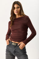 Kadın Kayık Yaka Uzun Kollu Tişört %100 Pamuk - Kahverengi