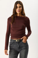 Kadın Kayık Yaka Uzun Kollu Tişört %100 Pamuk - Kahverengi