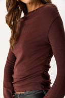 Kadın Kayık Yaka Uzun Kollu Tişört %100 Pamuk - Kahverengi
