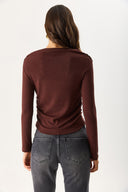 Kadın Kayık Yaka Uzun Kollu Tişört %100 Pamuk - Kahverengi