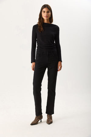 Kadın Kayık Yaka Uzun Kollu Tişört %100 Pamuk - Siyah