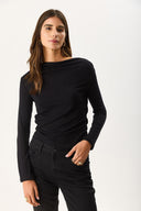 Kadın Kayık Yaka Uzun Kollu Tişört %100 Pamuk - Siyah