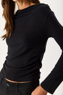 Kadın Kayık Yaka Uzun Kollu Tişört %100 Pamuk - Siyah