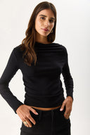 Kadın Kayık Yaka Uzun Kollu Tişört %100 Pamuk - Siyah