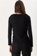 Kadın Kayık Yaka Uzun Kollu Tişört %100 Pamuk - Siyah