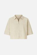 Kadın Kısa Kollu Çizgili Oversize Gömlek - Bej Çizgili