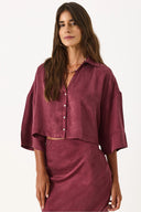 Kadın Kısa Kollu Lyocell (Tencel™) Saten Gömlek - Bordo