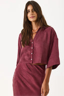 Kadın Kısa Kollu Lyocell (Tencel™) Saten Gömlek - Bordo