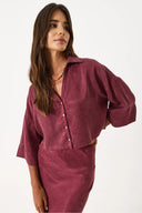 Kadın Kısa Kollu Lyocell (Tencel™) Saten Gömlek - Bordo